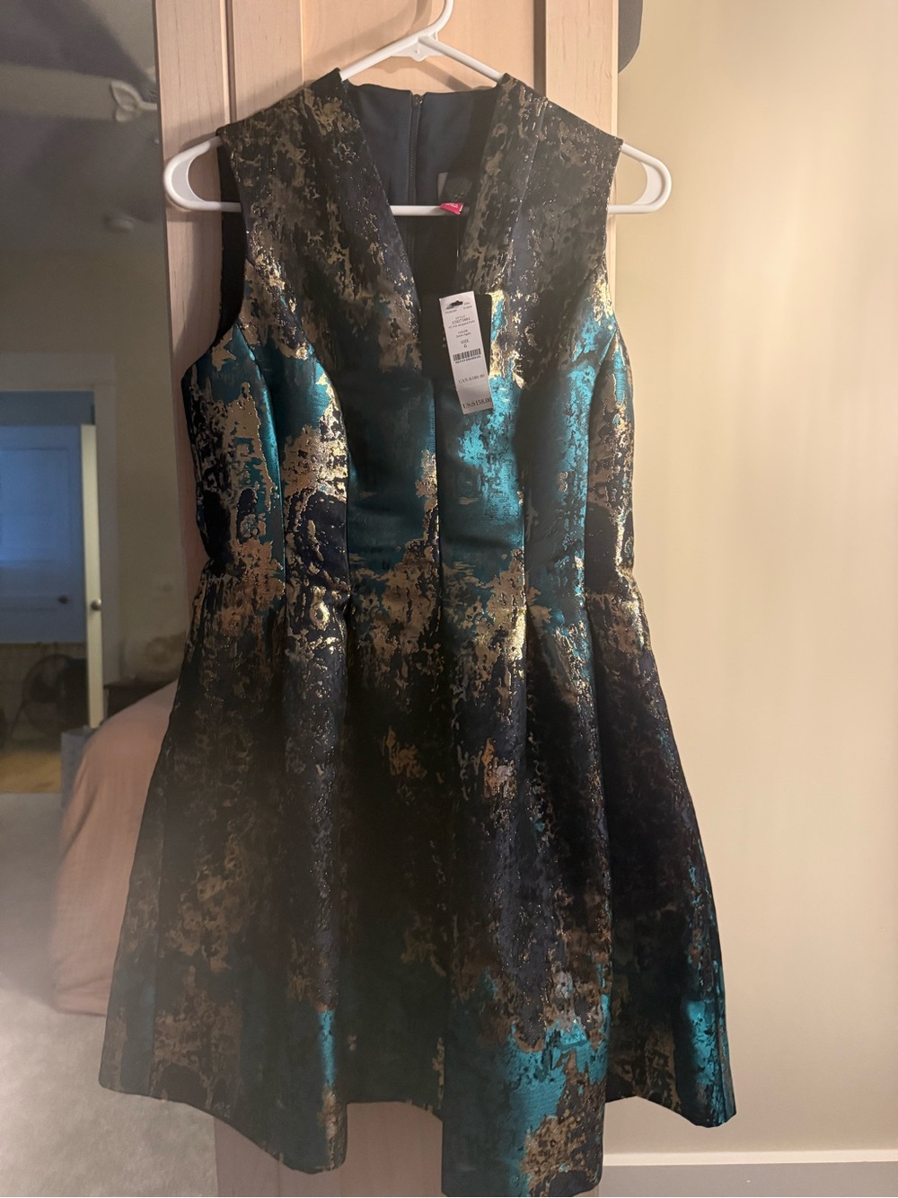 Vince Camuto Black Teal and Gold Brocade Fit-and-Flare Dress